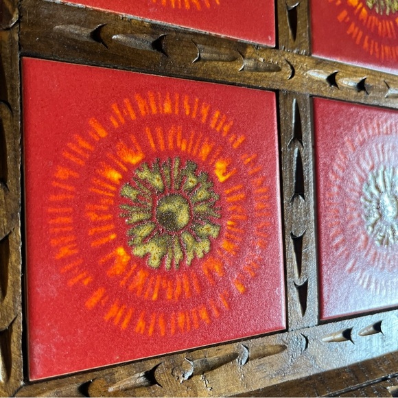 Vintage Handmade Ornate Wood Tray W Mexican Talavera Ceramic Red Tile MCM - Picture 6 of 6